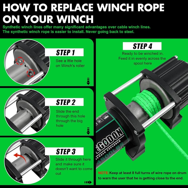 STEGODON Synthetic Winch Rope, 1/4'' x 50ft 10,000LBS Synthetic Winch Line 1/4 Winch Cable Replacement Synthetic Rope for 4WD Off Road Vehicle ATV UTV (Green) - Image 5